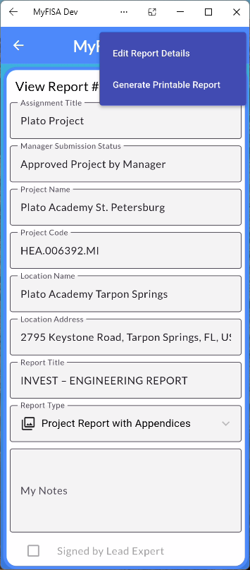 View Report Details Interface